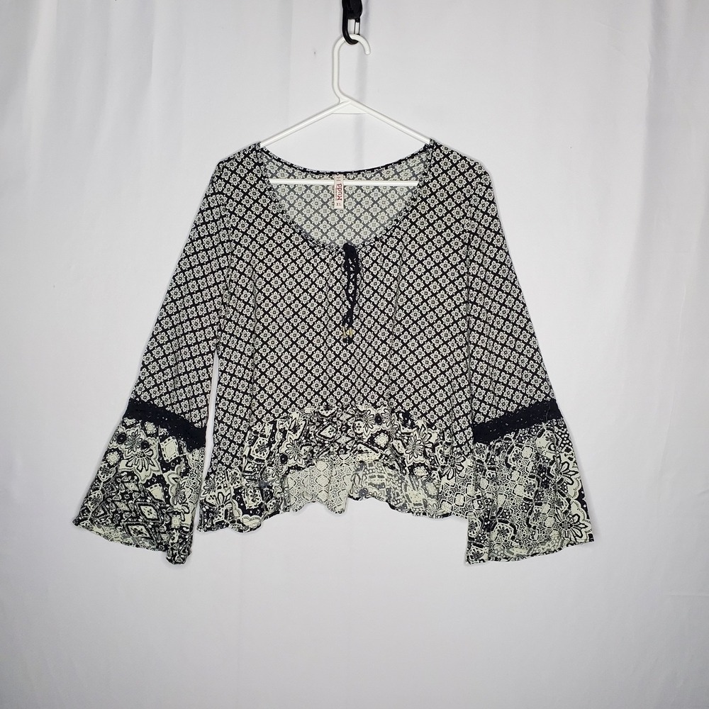 Vtg Mudd Boho Boxy Crop Top Women XL Geometric Floral Ruffle Tassel Y2K